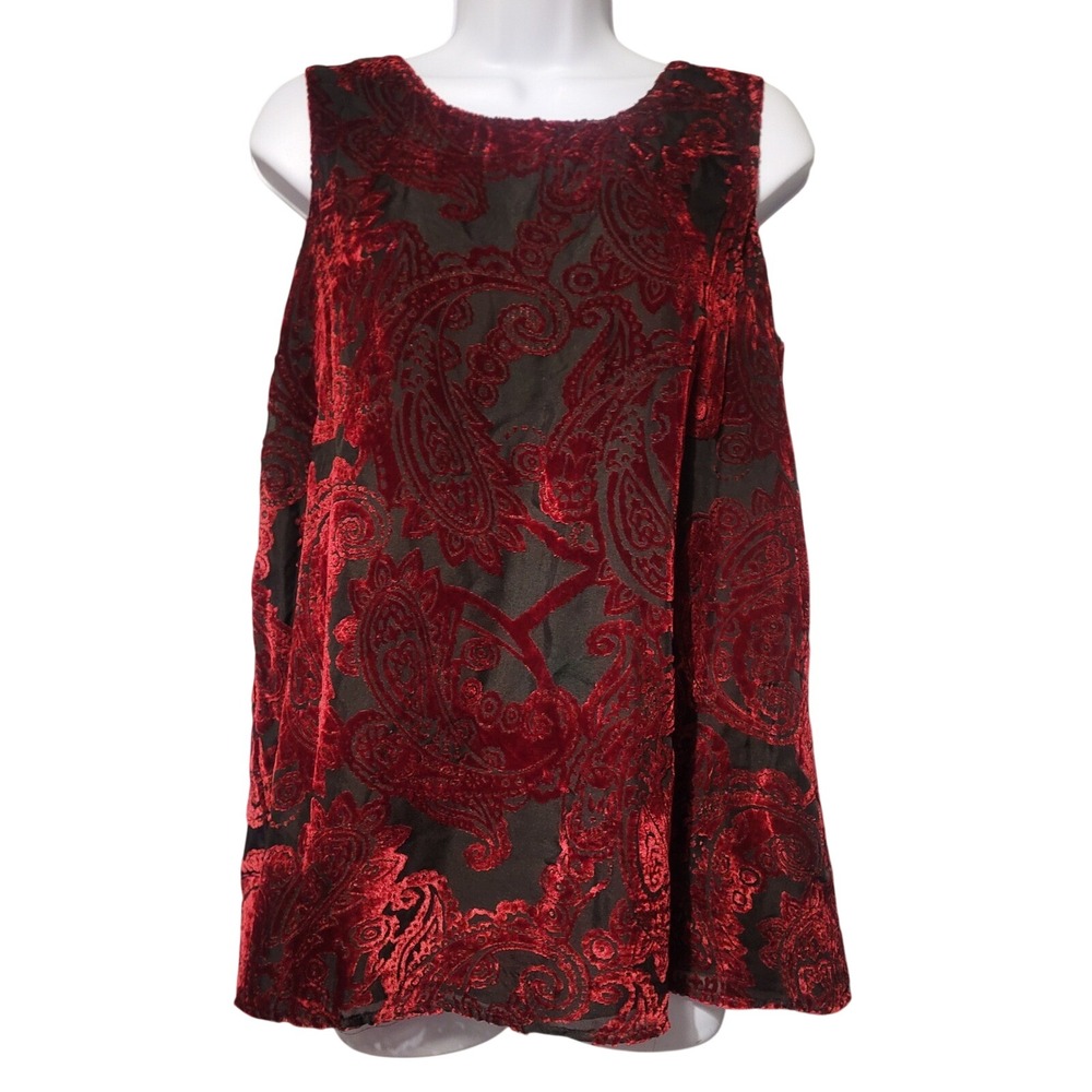 Roz & Ali‎ Womens Red Black Paisley Burnout Velvet Sleeveless Blouse Top Medium